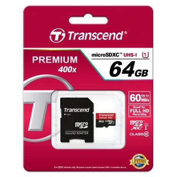 Card Memorie MicroSDXC Transcend Premium 400x 64GB Clasa 10 UHS-I + Adaptor SD TS64GUSDU1