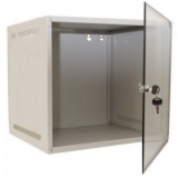 9U Wallmounted cabinet 19"/ 450mm, usa fata sticla securizata, se poate monta cu deschidere stanga sau dreapta, inchidere cu cheie, RAL7035 gri, 2 montanti, include aprox. 20 seturi surub cu piulita incastrabila, predecupaje in tavan si podea pentru