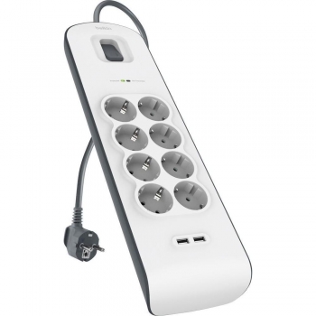 Belkin Surge Plus 8-way power strip surge protection, USB, 2.4A, 2m cable) white / gray