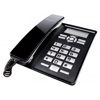 Telefon cu fir Sagem C130, Hands-free on base, compatibil PABX, display alfanumeric alb-negru, o linie numere, o linie text, o linie pictograme,16 caractere, butoane mari,are agenta cu 80 numere, Caller ID, 3 nivele sonerie,taste memorie 11,redial ultimu
