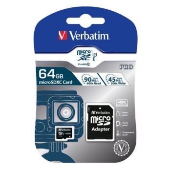 Card Memorie MicroSDXC Verbatim PRO 64GB Clasa 10 UHS-I U3 + Adaptor SD 47042