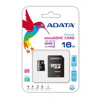 Card Memorie MicroSDHC ADATA 16GB Clasa 10 UHS-I + Adaptor SD AUSDH16GUICL10-RA1