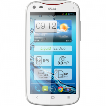 Telefon Mobil Acer Liquid E2 Duo White Dual SIM 4.5" 540 x 960 IPS Cortex A7 1.2 GHz Quad Core memorie interna 4GB Camera Foto 8 MPx Android v 4.2 ACE2DWHT