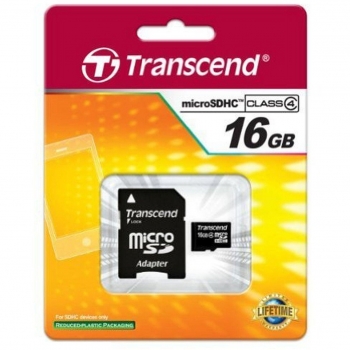 Card Memorie MicroSDHC Transcend 16GB Clasa 4 + Adaptor SD TS16GUSDHC4