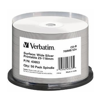 Verbatim CD-R [ spindle 50 | 700MB | 52x | WIDE SILVER INKJET PRINTABLE NON ID ]