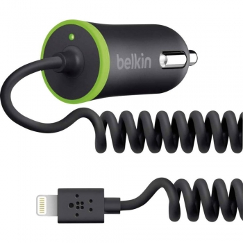 Belkin Micro Car Charger 2.1 Amp with Coiled Wired Lightning Cable for Apple iPhone/ iPad in Black