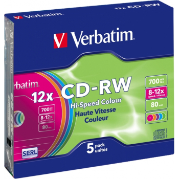 Consumabil CD-RW VERBATIM 700MB, 80min, viteza 8-12x,  5 buc, carcasa, Colour 12x 43167/261910 