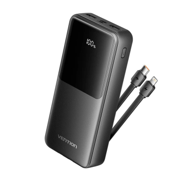 POWER BANK Vention 20.000 mAh, 22.5W cablu USB-C si Lightining atasate, 2 x USB-A, 1 x USB-C, micro USB, afisaj LED, 315g, negru, 