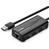 ADAPTOR RETEA Ugreen, 20264 extern, USB 2.0 (T) la port RJ-45 10/100 Mbps, porturi USB: USB 2.0 x 3, LED, negru 20264 (timbru verde 0.18 lei) - 6957303822645 