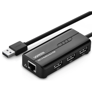 ADAPTOR RETEA Ugreen, 20264 extern, USB 2.0 (T) la port RJ-45 10/100 Mbps, porturi USB: USB 2.0 x 3, LED, negru 20264 (timbru verde 0.18 lei) - 6957303822645 