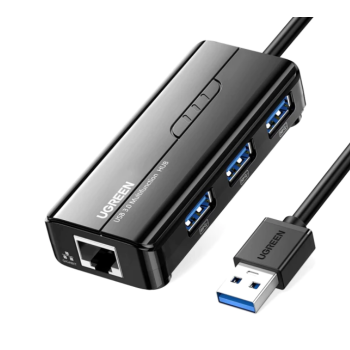 ADAPTOR RETEA Ugreen, 20265 extern, USB 3.0 (T) la port Gigabit RJ-45, porturi USB: USB 3.0 x 3, LED, negru 20265 (timbru verde 0.18 lei) - 6957303822652 