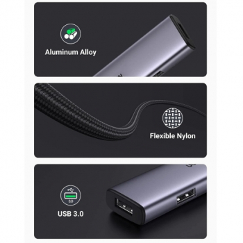 HUB extern Ugreen, CM473 porturi USB: USB 3.0 x 4, conectare prin USB Type-C, aluminiu, lungime 20 cm, gri, 20841 (timbru verde 0.8 lei) - 6957303828418 