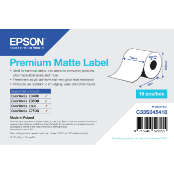 Epson Premium Matte Label - Continuous Roll: 76mm x 35m C33S045418