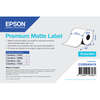 Accesoriu imprimanta Epson Premium Matte Label - Continuous Roll: 102mm x 35m C33S045419