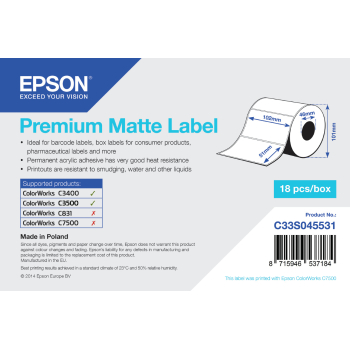 Epson Premium Matte Label - Die-cut Roll: 102mm x 51mm, 650 labels C33S045531