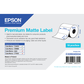 Epson Premium Matte Label - Die-cut Roll: 76mm x 51mm, 650 labels C33S045534