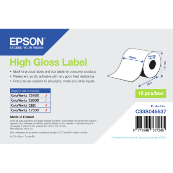 HIGH GLOSS LABEL - CONTINUOUS 76MM X 33M