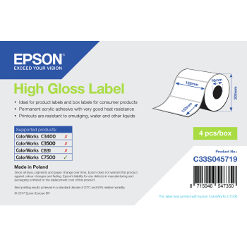 Epson High Gloss Label - Die-cut Roll: 102mm x 152mm, 800 labels C33S045719