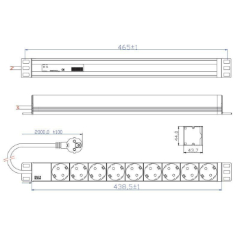 Prelungitor Bachmann 19" 1u 9 prize schuko 2m Rack Kit 333.401