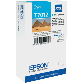 Cartus Cerneala Epson T7012 Cyan 3400 Pagini for WorkForce Pro WP-4015 DN/ WP-4025 DW/ WP-4515 DN/ WP-4525 DNF/ WP-4535 DWF/ WP-4545 DTWF WP-4000/4500 Series Ink Cartridge XXL (cyan) C13T70124010