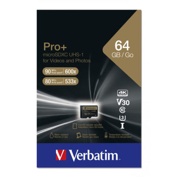 Card Memorie MicroSDXC Verbatim PRO+ 64GB Clasa 10 UHS-I U3 + Adaptor SD 44034