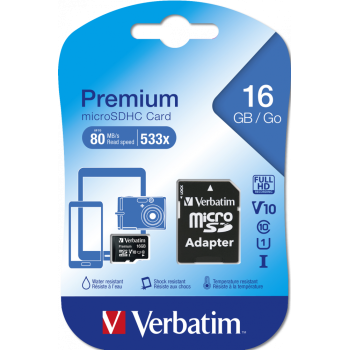 Card Memorie MicroSDHC Verbatim 16GB Clasa 10 + adaptor SD 44082