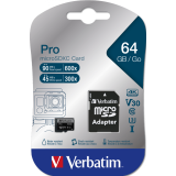 Card Memorie MicroSDXC Verbatim PRO 64GB Clasa 10 UHS-I U3 + Adaptor SD 47042