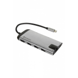 HUB extern VERBATIM, Gigabit LAN x 1, USB 3.0 x 3, HDMI x 1 (4K@30Hz), USB Type C x 1, SD x 1, microSD x 1, conectare USB Type C, cablu 15 cm, max. 3A, brushed metal 49142 (timbru verde 0.18 lei) 