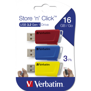 MEMORIE USB VERBATIM STORE` N` CLICK 3X16GB USB 3.0 ROSU/NEGRU/GALBEN 49306 (TIMBRU VERDE 0.03 LEI) 