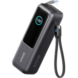 POWER BANK Anker 25.000 mAh, 165W 2 x cablu USB-C incorporat, 3 x USB-C (max 100W per port), 1 x USB-A (max 30W), afisaj LED, 595g, gri, 