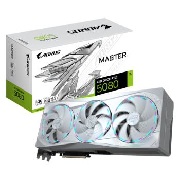 GIGABYTE Video Card NVIDIA GeForce RTX 5080 AORUS MASTER ICE 16G (16GB GDDR7/256bit, PCIe 5.0, 3xDP, 1xHDMI, Recommended PSU 850W, 3 fans) ATX white