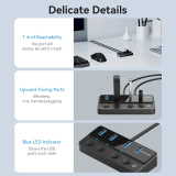 HUB Vention, 5-in-1, USB 3.0 x 4 porturi, incarcare prin USB Type-C, viteza 5 Gbps, cablu 1m, conectare prin USB 3.0, intrerupatoare individuale, negru, 