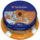 Consumabil DVD-R VERBATIM 4.7GB, 120min, viteza 16x, 25 buc, Single Layer, spindle, printabil, Wide Inkjet Printable 43538 