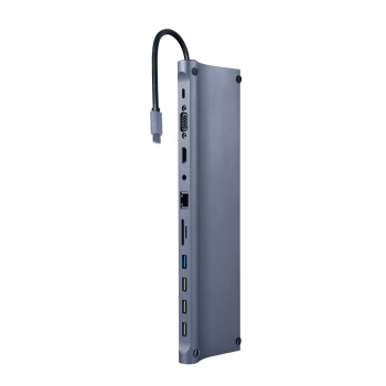 DOCKING Station Gembird universal,11-in-1, conectare PC USB Type C, USB-C x 1, USB-A 3.1 x 1, USB-A 2.0 x 3, porturi video HDMI x 1, VGA x 1, RJ45 x 1, PD 87W, SD, microSD, Audio, argintiu, A-CM-COM 
