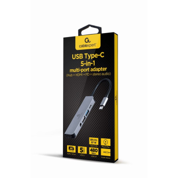 DOCKING Station Gembird universal, 5-in-1, conectare PC USB Type C, USB-C x 1, USB-A 3.1 x 1, USB-A 2.0 x 1, porturi video HDMI x 1, PD 87 W, Audio, argintiu, A-CM-COMBO5-02 (timbru verde 0.18 lei) 