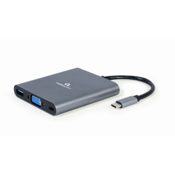 DOCKING Station Gembird universal, 6-in-1, conectare PC USB Type C, USB-C x 1, USB-A 3.1 x 1, porturi video HDMI x 1, VGA x 1, PD 60 W, SD, microSD, Audio, argintiu, A-CM-COMBO6-01 (timbru verde 0. 
