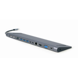 DOCKING Station Gembird universal, 9-in-1, conectare PC USB Type C, USB-C x 3, USB-A 3.1 x 3, USB-A 2.0 x 2, porturi video HDMI x 1, VGA x 1, PD 60 W, RJ45, SD, microSD, Audio, argintiu, A-CM-COMBO9 