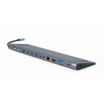 DOCKING Station Gembird universal, 9-in-1, conectare PC USB Type C, USB-C x 3, USB-A 3.1 x 3, USB-A 2.0 x 2, porturi video HDMI x 1, VGA x 1, PD 60 W, RJ45, SD, microSD, Audio, argintiu, A-CM-COMBO9 