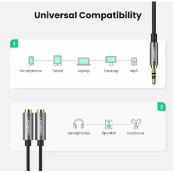 CABLU audio Ugreen, AV123 stereo 3.5 mm jack (T) la 2 x 3.5 mm jack (M), 0.20 m, conectori auriti, negru 10532 (timbru verde 0.18 lei) - 6957303815326 