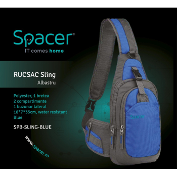 RUCSAC SPACER Sling, nylon,1 bretea, 2 compartimente principale,1 buzunar frontal,1 buzunar lateral, 35x18x7cm, water resistant, blue, SPB-SLING-BLUE