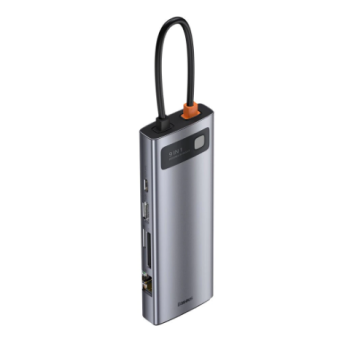 DOCKING Station Baseus Metal Gleam, conectare PC USB Type-C, USB 3.0 x 3, Card reader SD x 1, MicroSD x 1, USB Type C x 1 PD 100W, HDMI x 1/4K/30Hz, VGA x 1/Full HD, RJ-45 Gigabit x 1, gri CAHUB-CU0G 