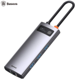 DOCKING Station Baseus Metal Gleam, conectare PC USB Type-C, USB 3.0 x 3, RJ-45 Gigabit LAN x 1, USB Type C x 1 PD 100W 5V / 9V / 14.5V / 20V 5A (Max.), HDMI x 1/4K/30Hz, LED, gri CAHUB-CW0G (timbru 