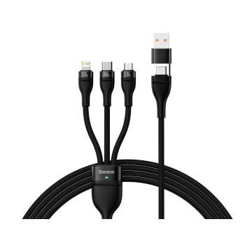 CABLU alimentare si date Baseus Flash Series 2 One-for-three Retractable, pt. smartphone, USB + USB Type-C la Micro-USB + Lightning Iphone + USB Type-C 100W, 1.2m, negru CASS030101 (timbru verde 0.1 