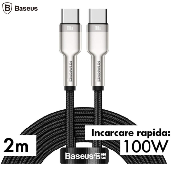 CABLU alimentare si date Baseus Cafule Metal, Fast Charging Data Cable pt. smartphone, USB Type-C la USB Type-C 100W, braided, 2m, negru CATJK-D01 (timbru verde 0.18 lei) - 6953156202368 