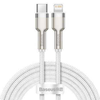CABLU alimentare si date Baseus Cafule Metal, Fast Charging Data Cable pt. smartphone, USB Type-C la Lightning Iphone PD 20W, braided, 2m, alb CATLJK-B02 (timbru verde 0.18 lei) - 6953156202115 