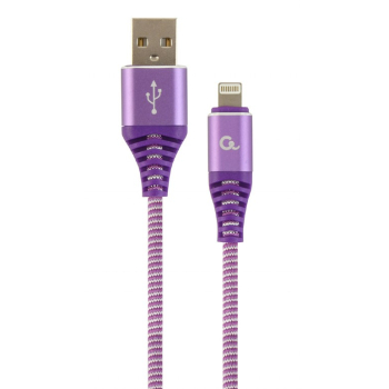 CABLU alimentare si date GEMBIRD, pt. smartphone, USB 2.0 (T) la Lightning (T), 2m, premium, cablu cu impletire din bumbac, mov cu insertii albe, CC-USB2B-AMLM-2M-PW (timbru verde 0.08 lei) 