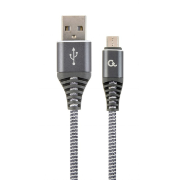 CABLU alimentare si date GEMBIRD, pt. smartphone, USB 2.0 (T) la Micro-USB 2.0 (T), 1m, premium, cablu cu impletire din bumbac, gri-metalizat cu insertii albe, CC-USB2B-AMmBM-1M-WB2 (timbru verde 0. CABLU alimentare si date GEMBIRD, pt. smartphone, USB 2.0 (T) la Micro-USB 2.0 (T), 1m, premium, cablu cu impletire din bumbac, gri-metalizat cu insertii albe, CC-USB2B-AMmBM-1M-WB2 (timbru verde 0.