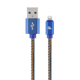 CABLU alimentare si date GEMBIRD, pt. smartphone, USB 2.0 (T) la Lightning (T), 2m, premium, conectori auriti, cablu cu impletire din bumbac, negru cu insertii galbene (Jeans model), conetori albastri 