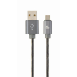 CABLU alimentare si date GEMBIRD, pt. smartphone, USB 2.0 (T) la Micro-USB 2.0 (T), 2m, premium, cablu cu impletire din bumbac, gri-metalizat cu insertii albe, CC-USB2S-AMmBM-2M-BG (timbru verde 0.0 