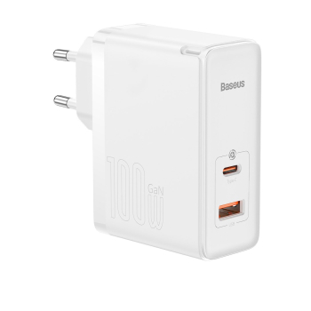INCARCATOR retea Baseus GaN5 Pro, Quick Charge 100W, 1 x USB, 1 x USB Type-C, include cablu USB Type-C la USB Type-C 100W 1m, alb CCGP090202 (timbru verde 0.18 lei) - 6932172608965 